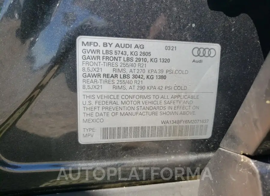 AUDI SQ5 SPORTB 2021 vin WA134BFY6M2071637 from auto auction Copart