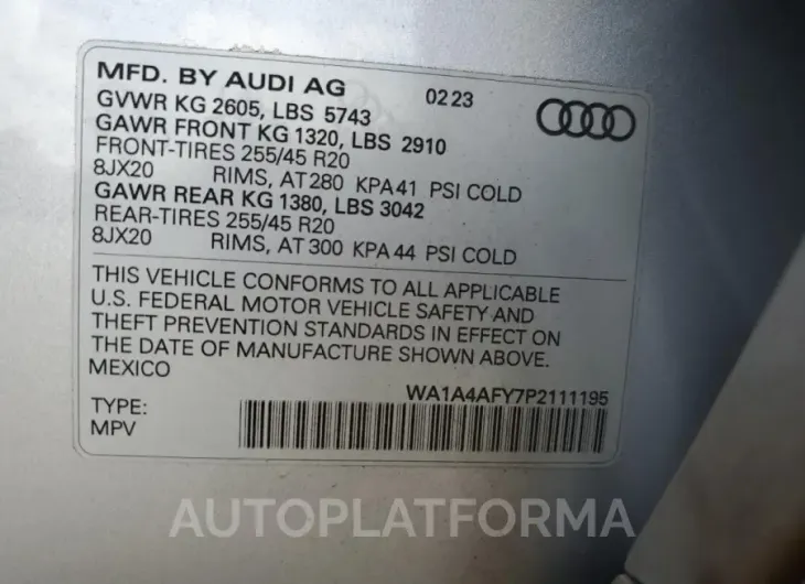 AUDI SQ5 PREMIU 2023 vin WA1A4AFY7P2111195 from auto auction Copart