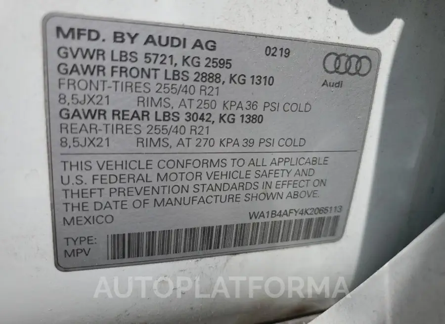 AUDI SQ5 PREMIU 2019 vin WA1B4AFY4K2065113 from auto auction Copart