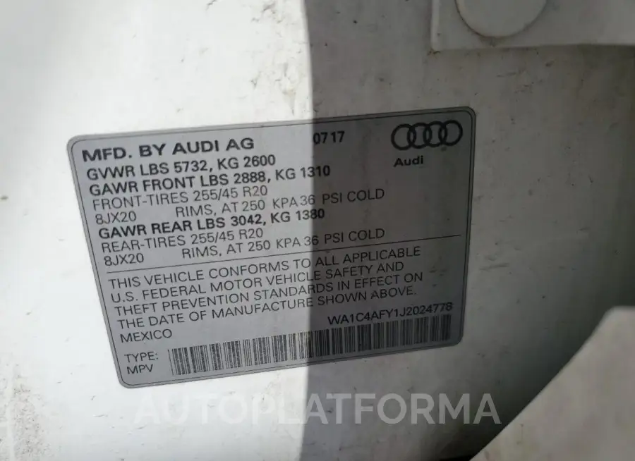 AUDI SQ5 PRESTI 2018 vin WA1C4AFY1J2024778 from auto auction Copart