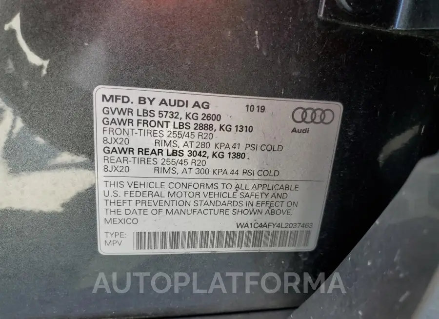 AUDI SQ5 PRESTI 2020 vin WA1C4AFY4L2037463 from auto auction Copart