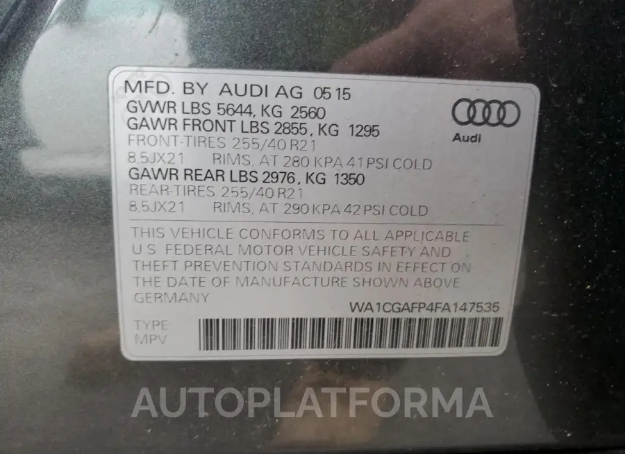 AUDI SQ5 PREMIU 2015 vin WA1CGAFP4FA147535 from auto auction Copart