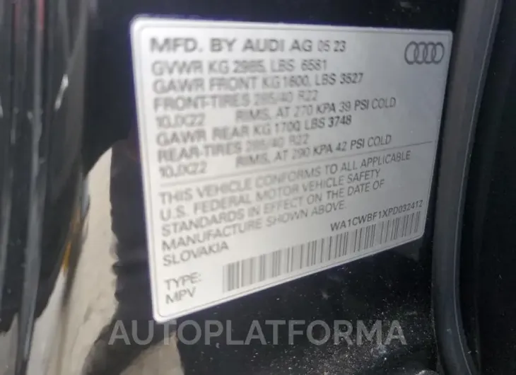 AUDI SQ8 PRESTI 2023 vin WA1CWBF1XPD032412 from auto auction Copart