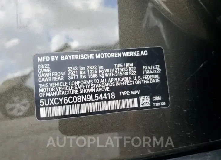 BMW X6 XDRIVE4 2022 vin 5UXCY6C08N9L54418 from auto auction Copart