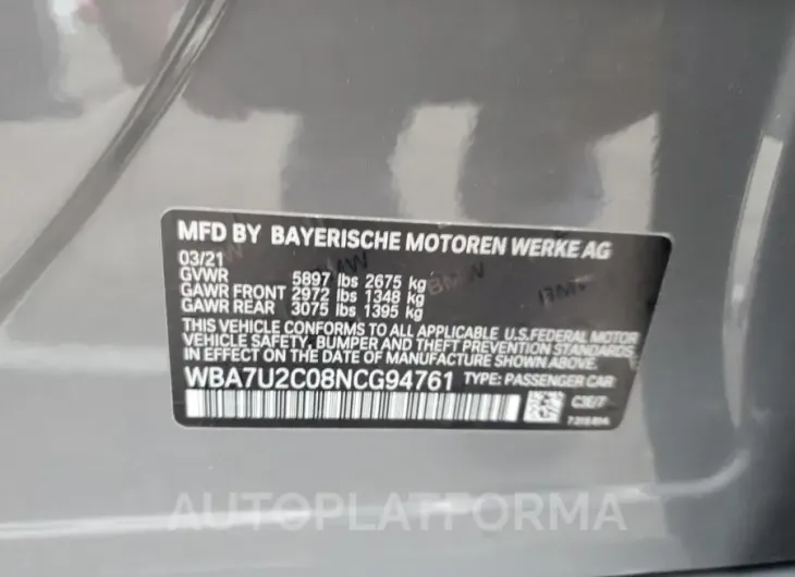 BMW 750 XI 2022 vin WBA7U2C08NCG94761 from auto auction Copart