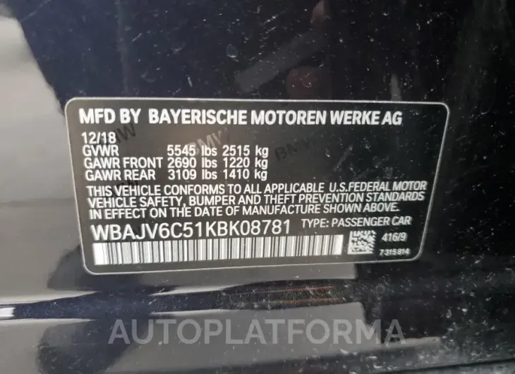 BMW 640 XIGT 2019 vin WBAJV6C51KBK08781 from auto auction Copart