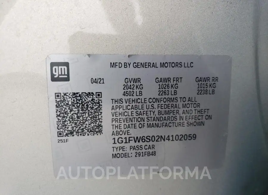 CHEVROLET BOLT EV 1L 2022 vin 1G1FW6S02N4102059 from auto auction Copart