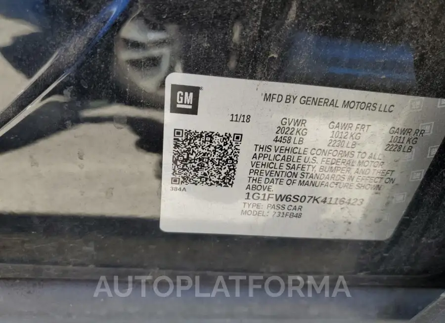 CHEVROLET BOLT EV LT 2019 vin 1G1FW6S07K4116423 from auto auction Copart