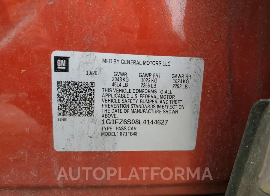 CHEVROLET BOLT EV PR 2020 vin 1G1FZ6S08L4144627 from auto auction Copart