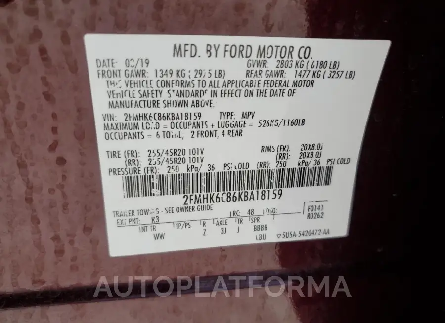 FORD FLEX SEL 2019 vin 2FMHK6C86KBA18159 from auto auction Copart