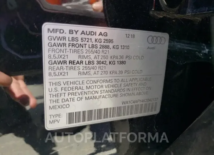 AUDI SQ5 PRESTI 2019 vin WA1C4AFY4K2042127 from auto auction Copart