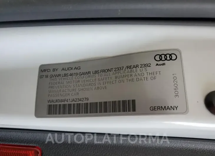 AUDI A4 PREMIUM 2018 vin WAUKMAF41JA234279 from auto auction Copart