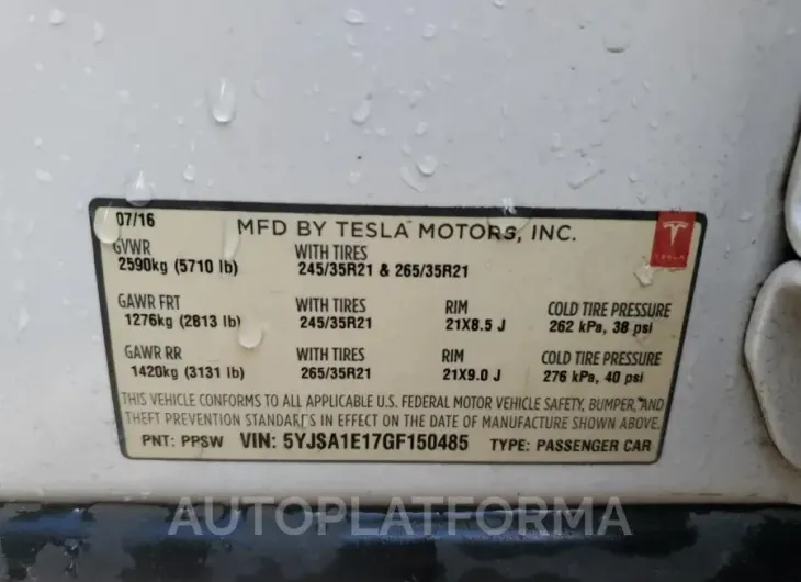 TESLA MODEL S 2016 vin 5YJSA1E17GF150485 from auto auction Copart