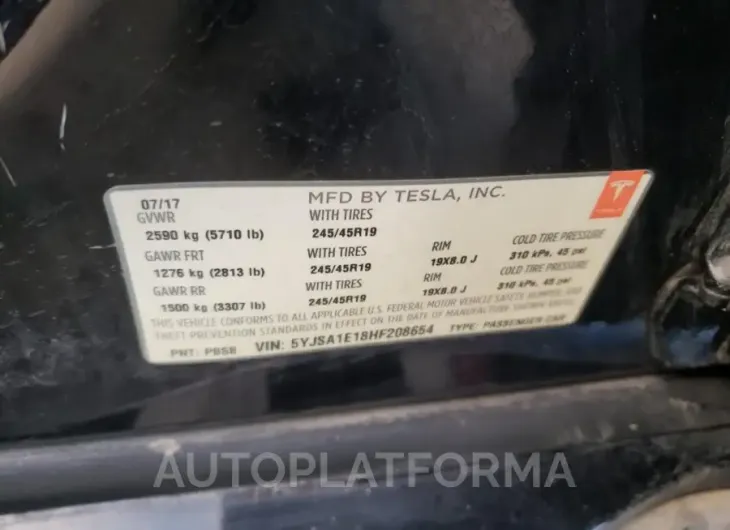 TESLA MODEL S 2017 vin 5YJSA1E18HF208654 from auto auction Copart