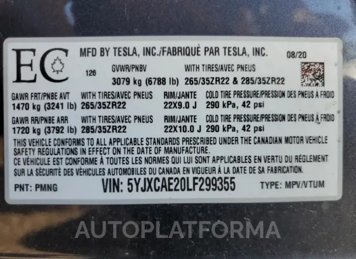 TESLA MODEL X 2020 vin 5YJXCAE20LF299355 from auto auction Copart