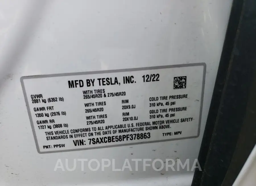 TESLA MODEL X 2023 vin 7SAXCBE58PF378863 from auto auction Copart