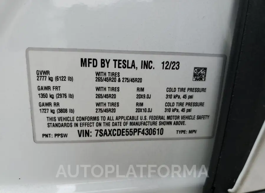 TESLA MODEL X 2023 vin 7SAXCDE55PF430610 from auto auction Copart