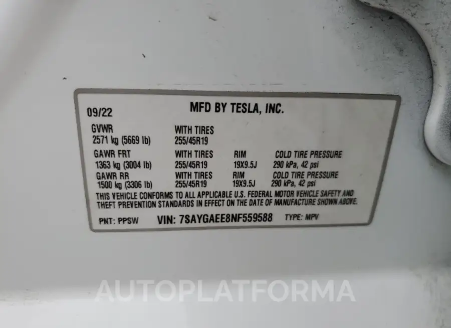 TESLA MODEL Y 2022 vin 7SAYGAEE8NF559588 from auto auction Copart