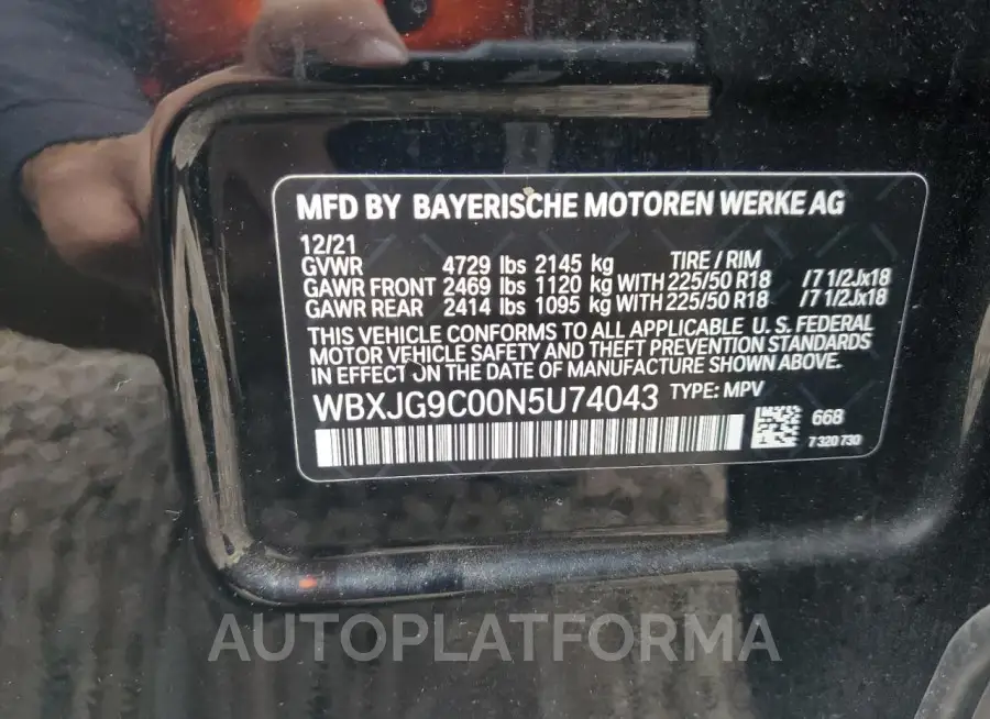 BMW X1 XDRIVE2 2022 vin WBXJG9C00N5U74043 from auto auction Copart