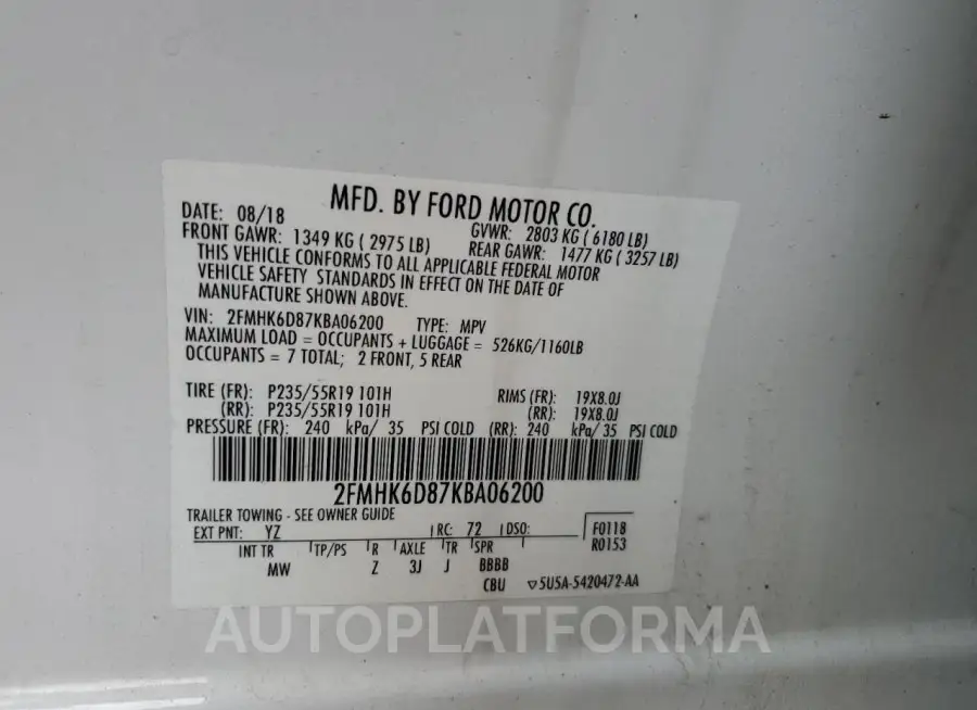 FORD FLEX LIMIT 2019 vin 2FMHK6D87KBA06200 from auto auction Copart