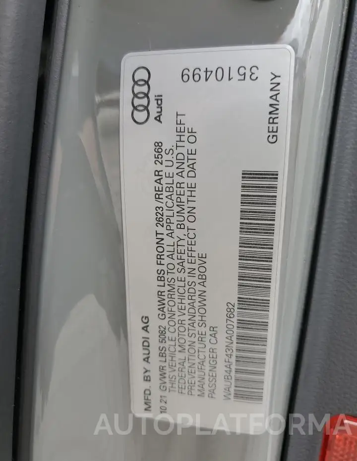 AUDI S4 PREMIUM 2022 vin WAUB4AF43NA007682 from auto auction Copart