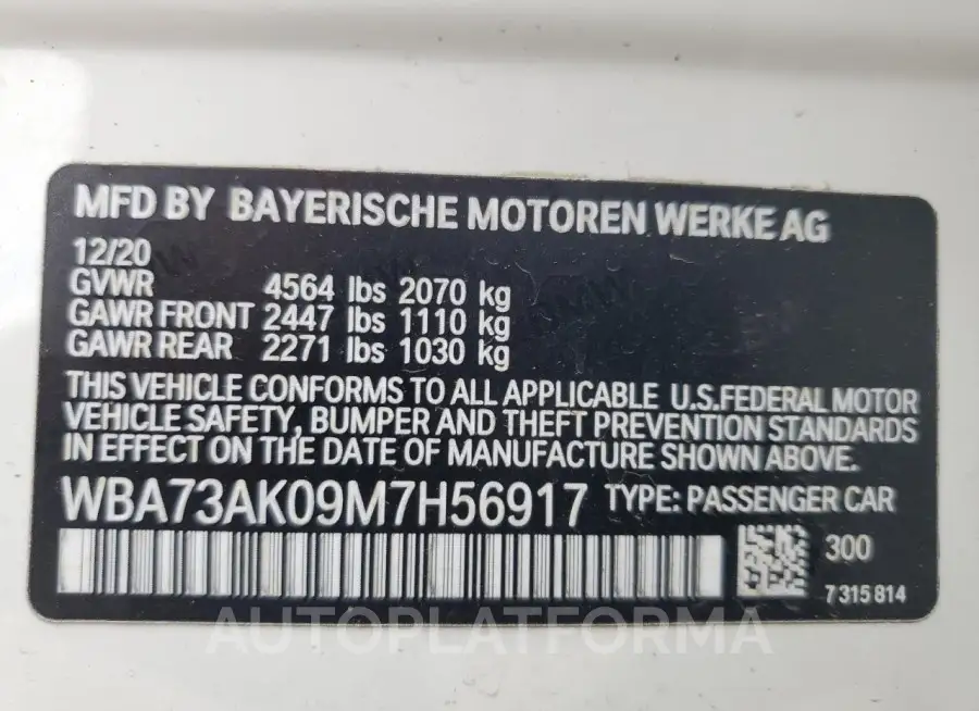 BMW 228XI 2021 vin WBA73AK09M7H56917 from auto auction Copart