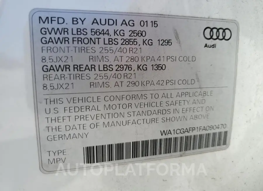 AUDI SQ5 PREMIU 2015 vin WA1CGAFP1FA090470 from auto auction Copart