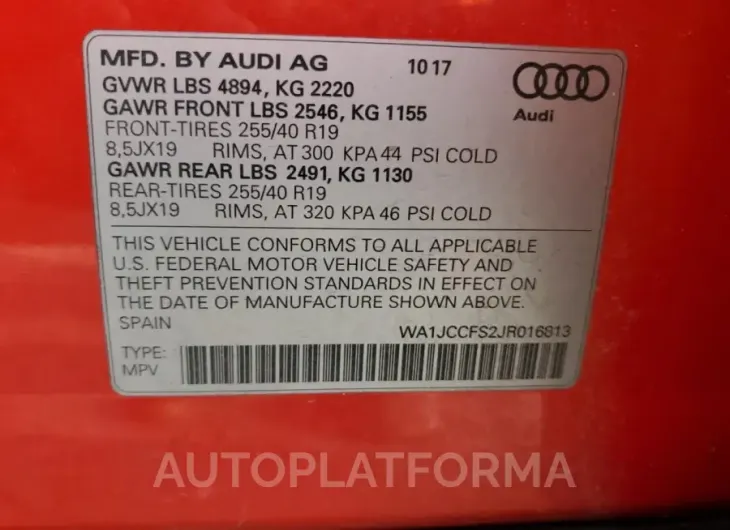 AUDI Q3 PREMIUM 2018 vin WA1JCCFS2JR016813 from auto auction Copart