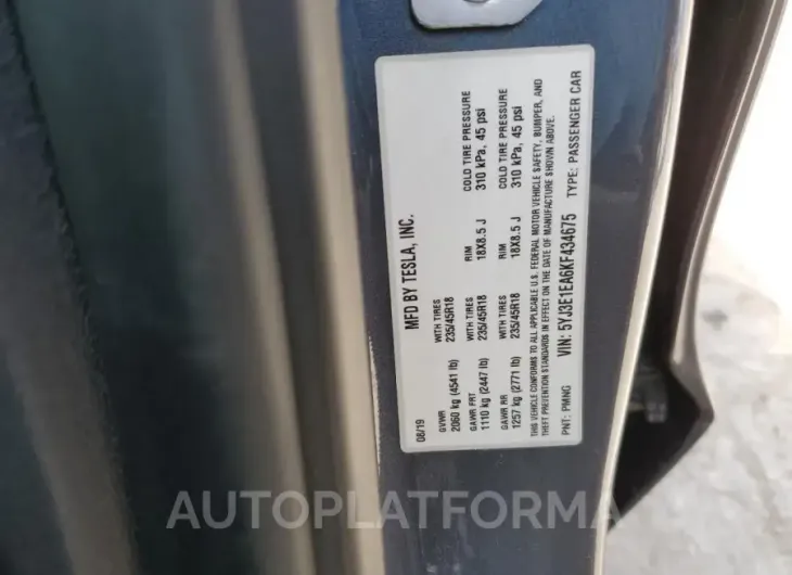 TESLA MODEL 3 2019 vin 5YJ3E1EA6KF434675 from auto auction Copart