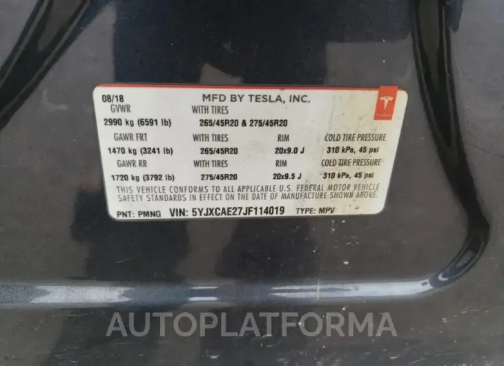 TESLA MODEL X 2018 vin 5YJXCAE27JF114019 from auto auction Copart