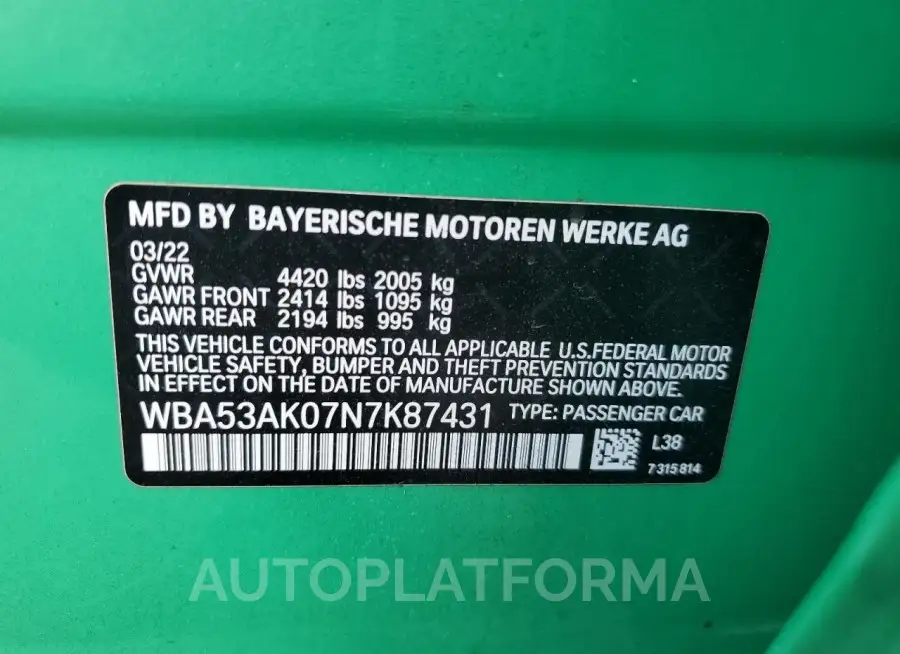 BMW 228I 2022 vin WBA53AK07N7K87431 from auto auction Copart