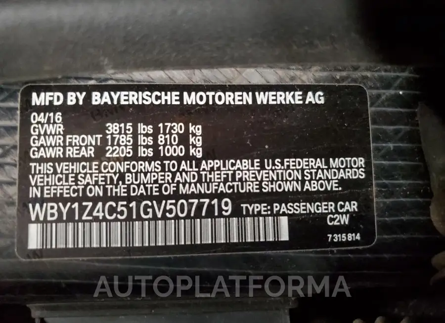 BMW I3 REX 2016 vin WBY1Z4C51GV507719 from auto auction Copart