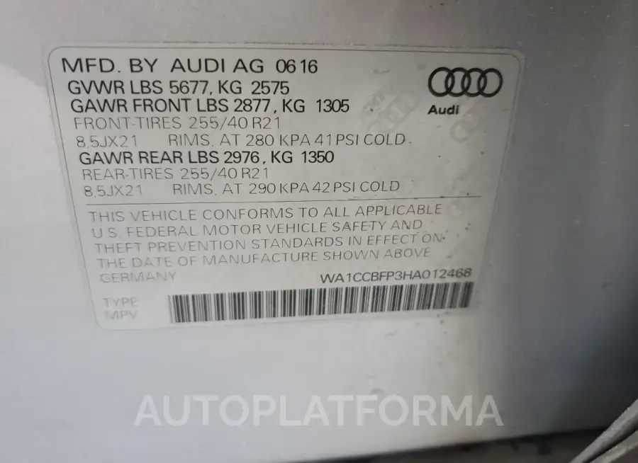 AUDI SQ5 PREMIU 2017 vin WA1CCBFP3HA012468 from auto auction Copart