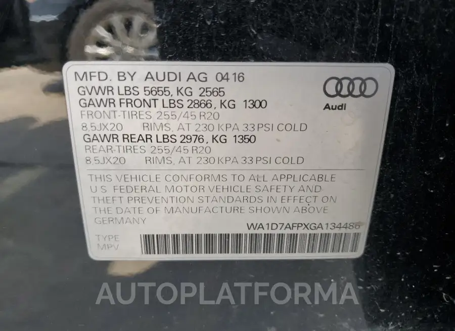 AUDI Q5 PREMIUM 2016 vin WA1D7AFPXGA134486 from auto auction Copart