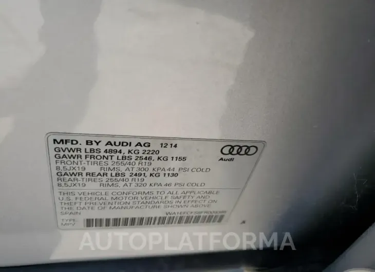 AUDI Q3 PREMIUM 2015 vin WA1EFCFS8FR009395 from auto auction Copart