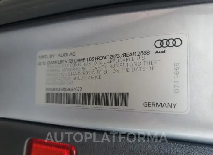 AUDI S5 PREMIUM 2019 vin WAUB4CF5XKA034572 from auto auction Copart