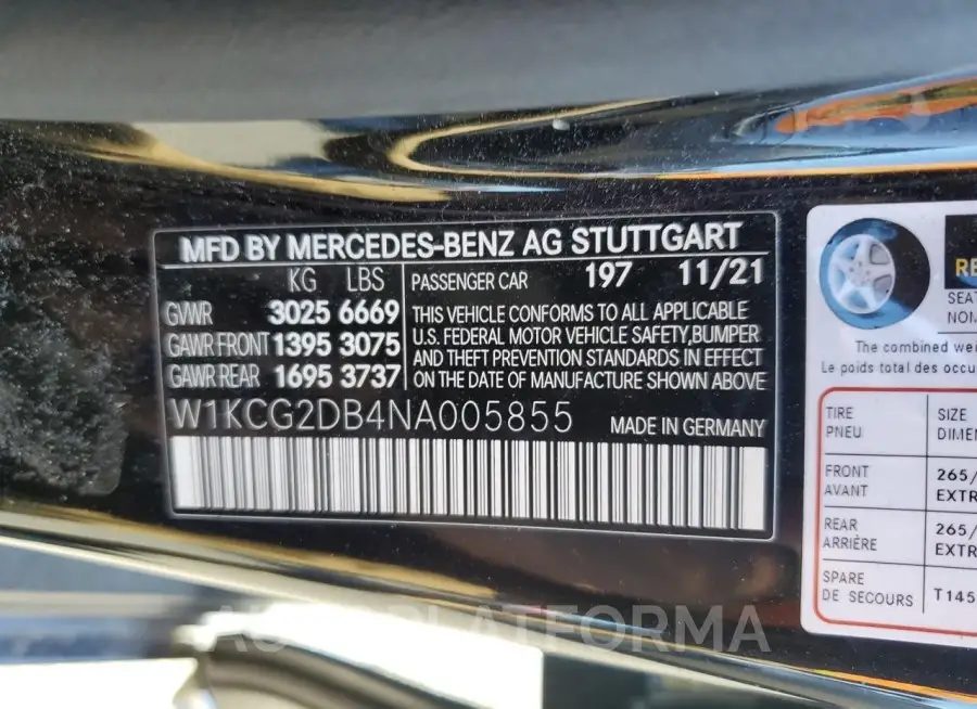 MERCEDES-BENZ EQS SEDAN 2022 vin W1KCG2DB4NA005855 from auto auction Copart