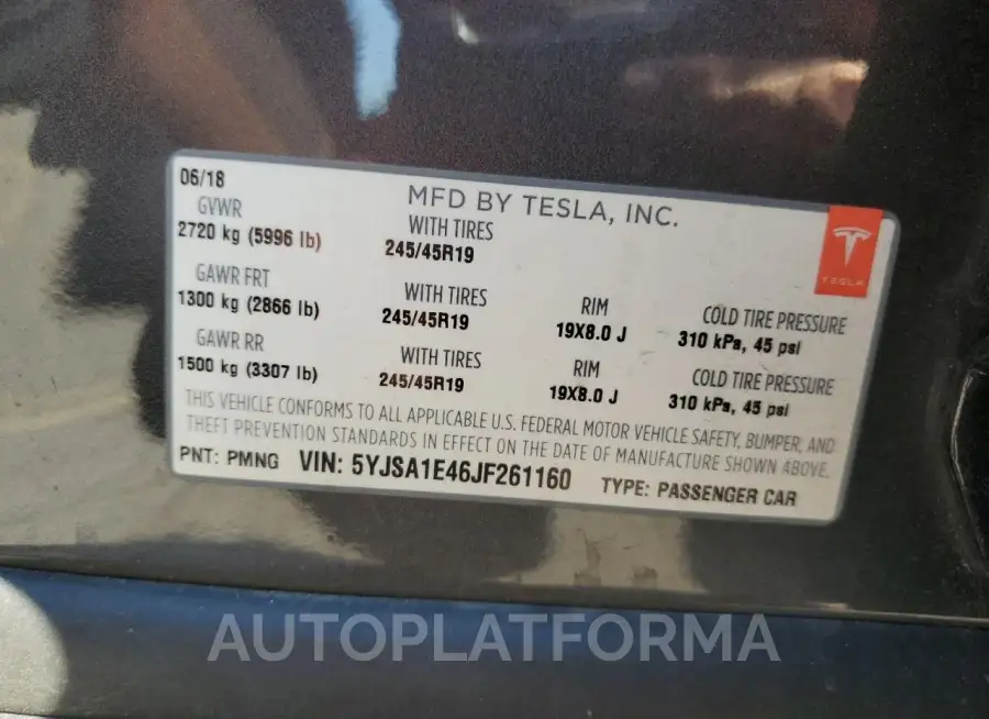 TESLA MODEL S 2018 vin 5YJSA1E46JF261160 from auto auction Copart