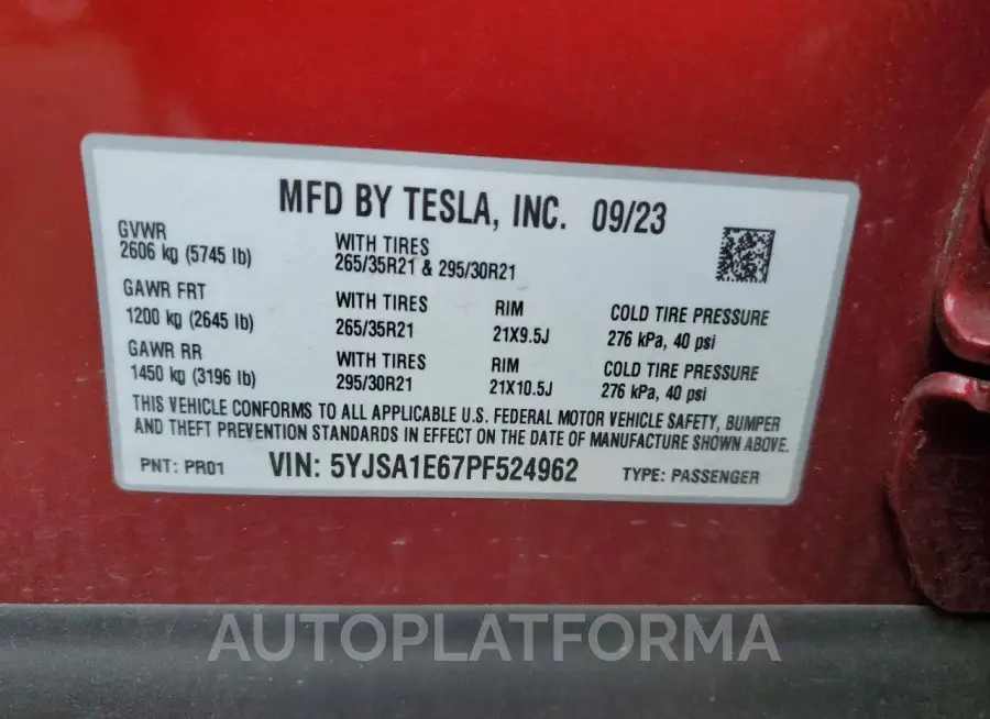 TESLA MODEL S 2023 vin 5YJSA1E67PF524962 from auto auction Copart