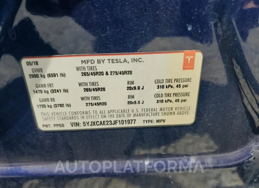 TESLA MODEL X 2018 vin 5YJXCAE23JF101977 from auto auction Copart