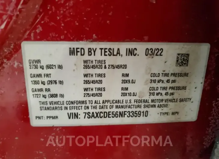 TESLA MODEL X 2022 vin 7SAXCDE56NF335910 from auto auction Copart