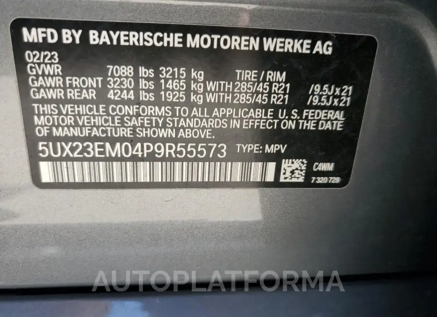 BMW X7 XDRIVE4 2023 vin 5UX23EM04P9R55573 from auto auction Copart