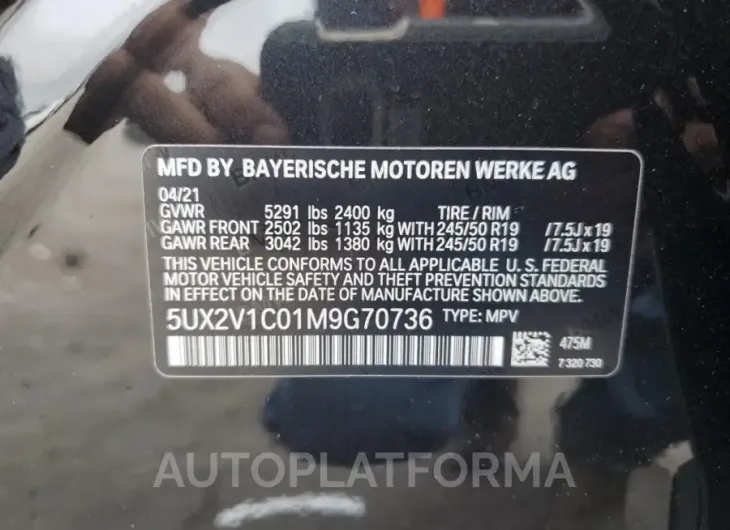 BMW X4 XDRIVE3 2021 vin 5UX2V1C01M9G70736 from auto auction Copart