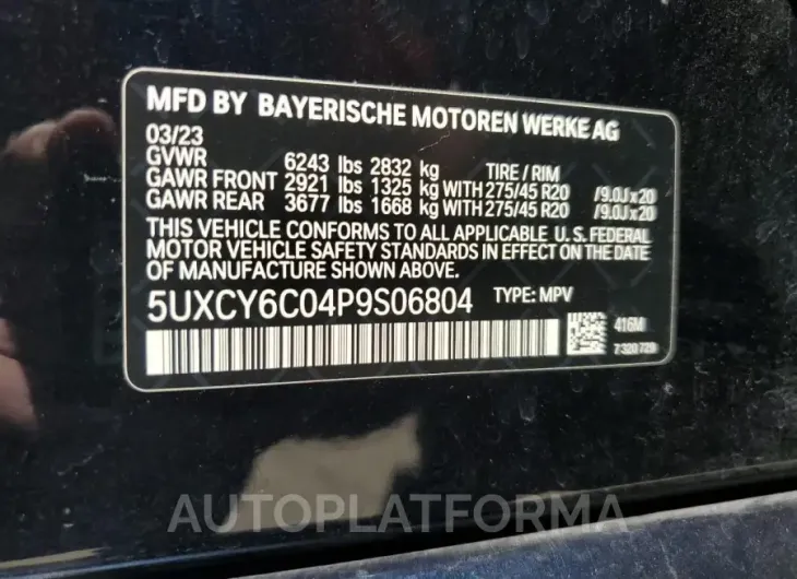 BMW X6 XDRIVE4 2023 vin 5UXCY6C04P9S06804 from auto auction Copart