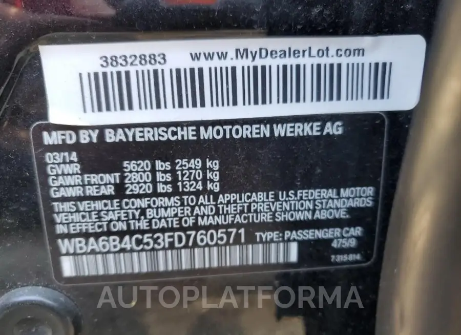 BMW 650 XI GRA 2015 vin WBA6B4C53FD760571 from auto auction Copart