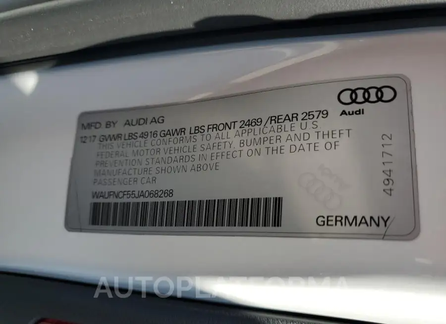 AUDI A5 PRESTIG 2018 vin WAUFNCF55JA068268 from auto auction Copart