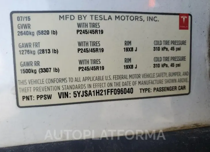 TESLA MODEL S 85 2015 vin 5YJSA1H21FF096040 from auto auction Copart