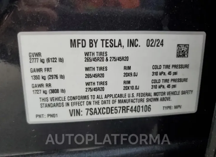 TESLA MODEL X 2024 vin 7SAXCDE57RF440106 from auto auction Copart