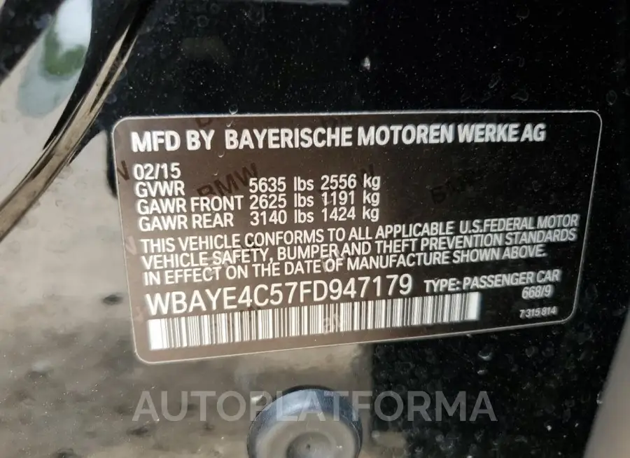 BMW 740 LI 2015 vin WBAYE4C57FD947179 from auto auction Copart