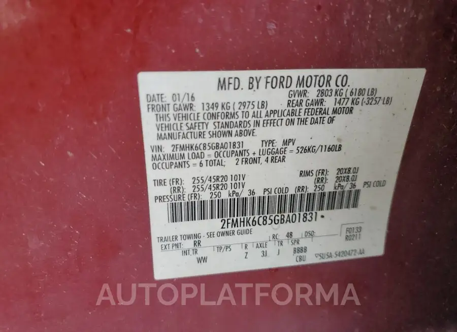 FORD FLEX SEL 2016 vin 2FMHK6C85GBA01831 from auto auction Copart